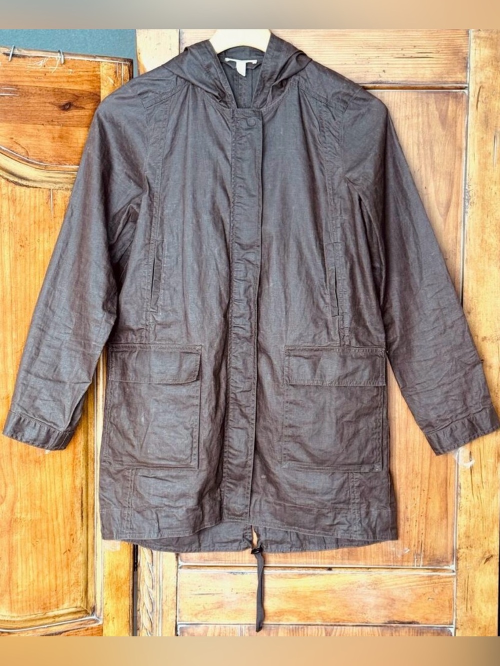 Eileen Fisher Organic Waxed Linen Hooded Jacket Brown Womens Size 4 Petite Coat